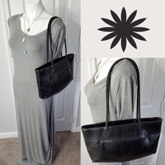 💲⬇️A.Giannetti Black Croc Embossed Leather Shoulder Tote 3 Comp Braided Handles - Picture 5 of 13